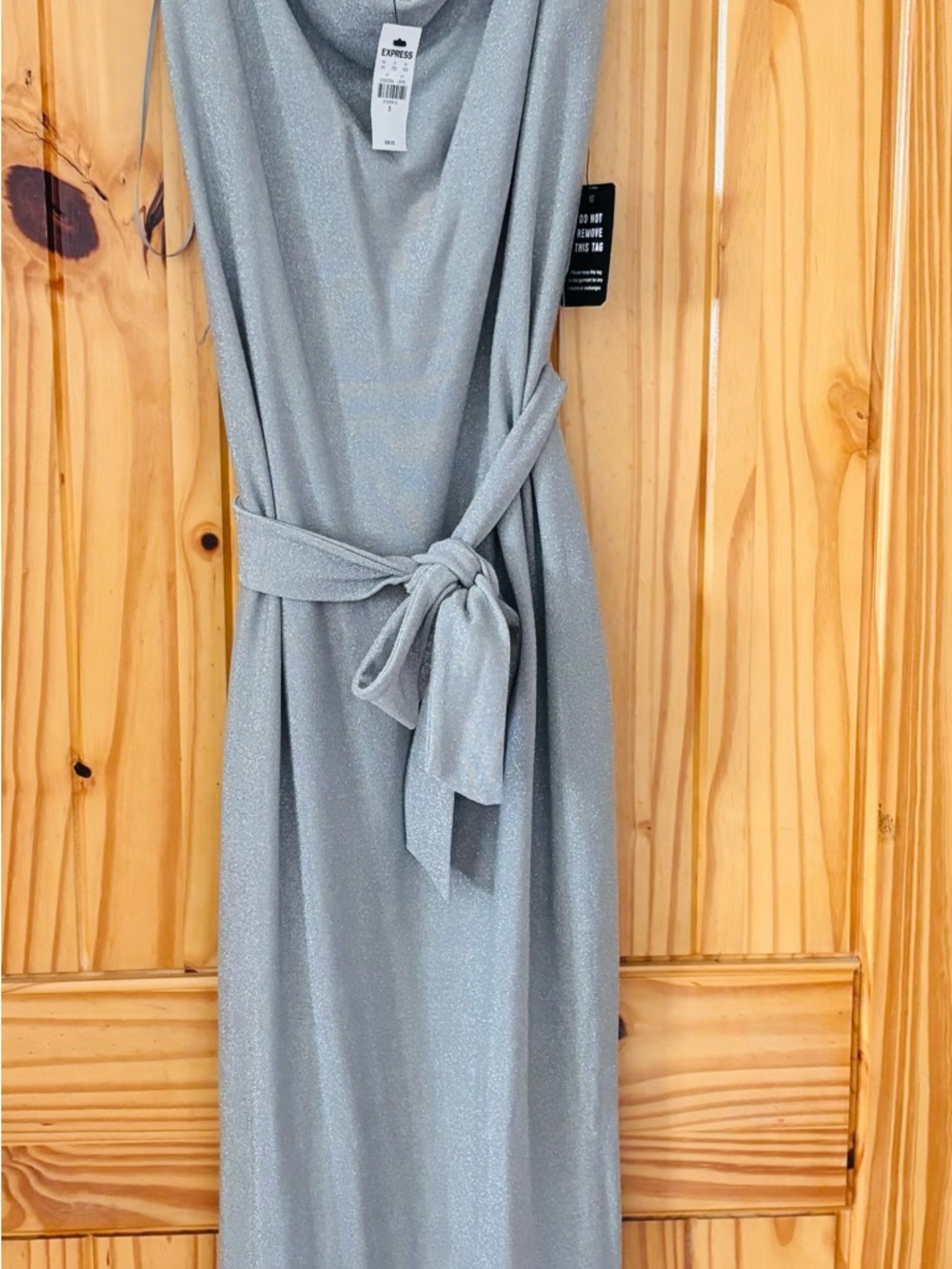 Express Silver Shimmer cowl neck fitted maxi dress